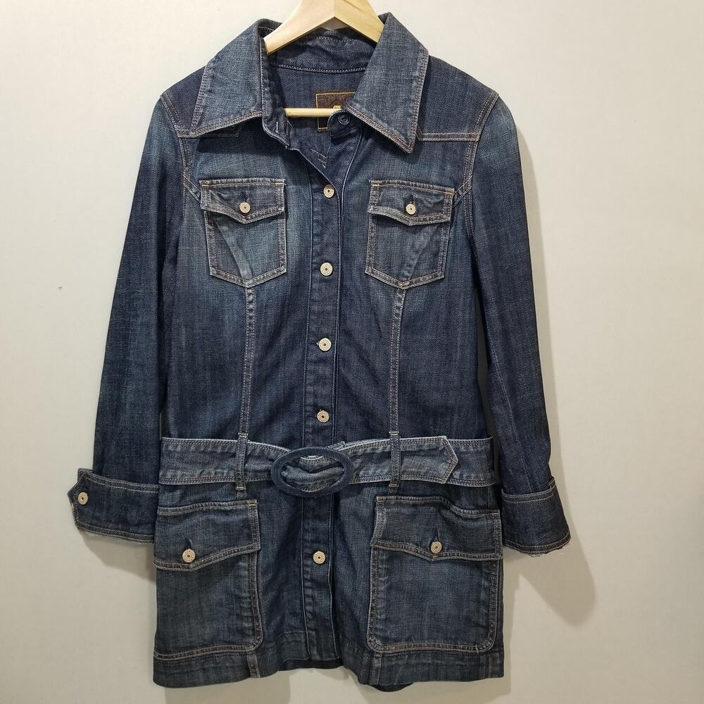 7 For All Mankind Denim Jacket Womens Large Blue Belted Utility Longline Safari - Picture 8 of 8
